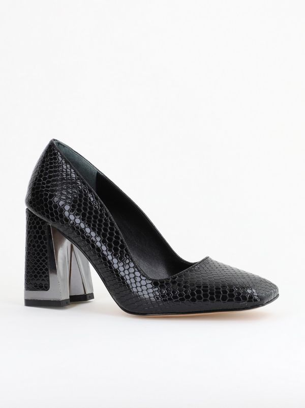 Incaltaminte Dama - Pantofi Damă cu Toc Gros din Piele Ecologică texturată negru BS20AY2402726