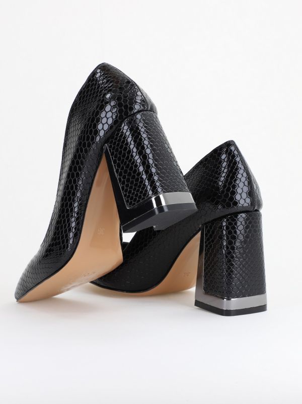 Pantofi Damă cu Toc Gros din Piele Ecologică texturată negru BS20AY2402726 6