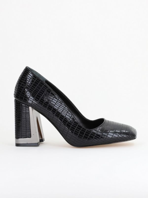 Pantofi Damă cu Toc Gros din Piele Ecologică texturată negru BS20AY2402735 8