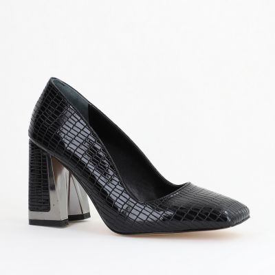 Pantofi Damă cu Toc Gros din Piele Ecologică texturată negru BS20AY2402735