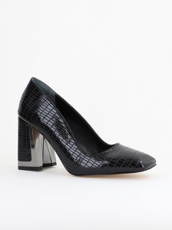Incaltaminte Dama - Pantofi Damă cu Toc Gros din Piele Ecologică texturată negru BS20AY2402735