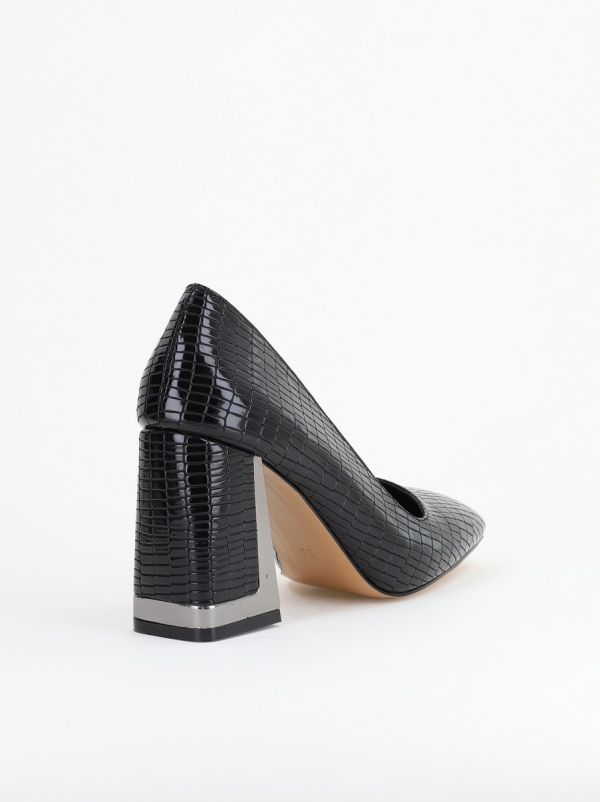 Pantofi Damă cu Toc Gros din Piele Ecologică texturată negru BS20AY2402735 10