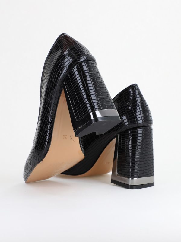 Pantofi Damă cu Toc Gros din Piele Ecologică texturată negru BS20AY2402735 11