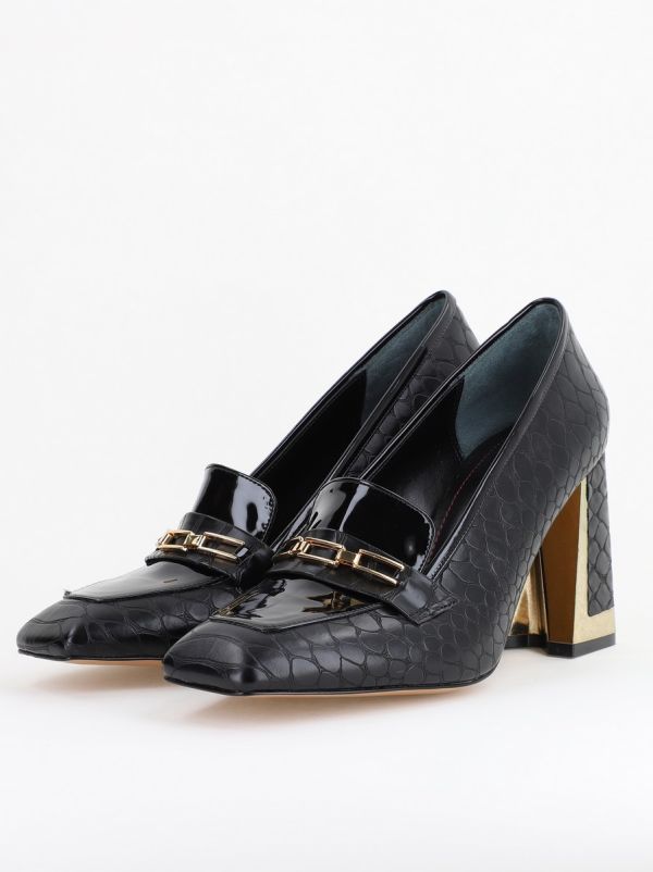 Pantofi Damă cu Toc Gros din Piele Ecologică texturată negru BS25AY2402720 8