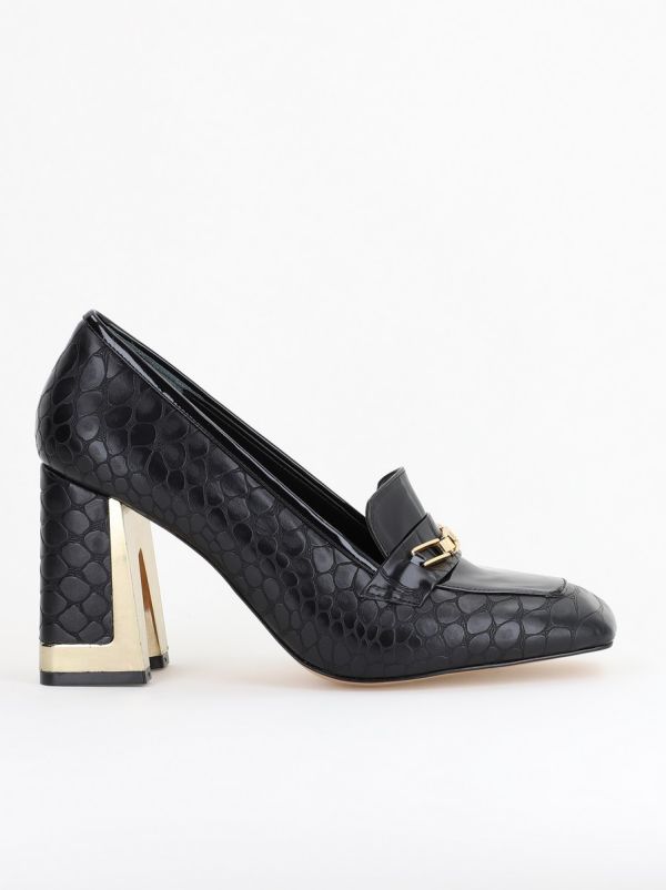 Pantofi Damă cu Toc Gros din Piele Ecologică texturată negru BS25AY2402720 9