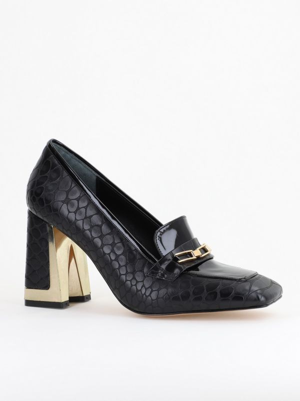 Incaltaminte Dama - Pantofi Damă cu Toc Gros din Piele Ecologică texturată negru BS25AY2402720