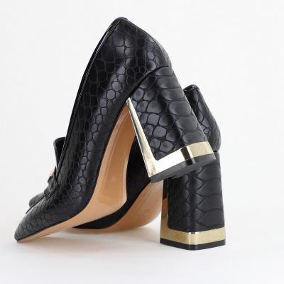 Pantofi Damă cu Toc Gros din Piele Ecologică texturată negru BS25AY2402720