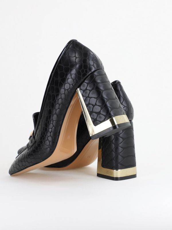Pantofi Damă cu Toc Gros din Piele Ecologică texturată negru BS25AY2402720 6