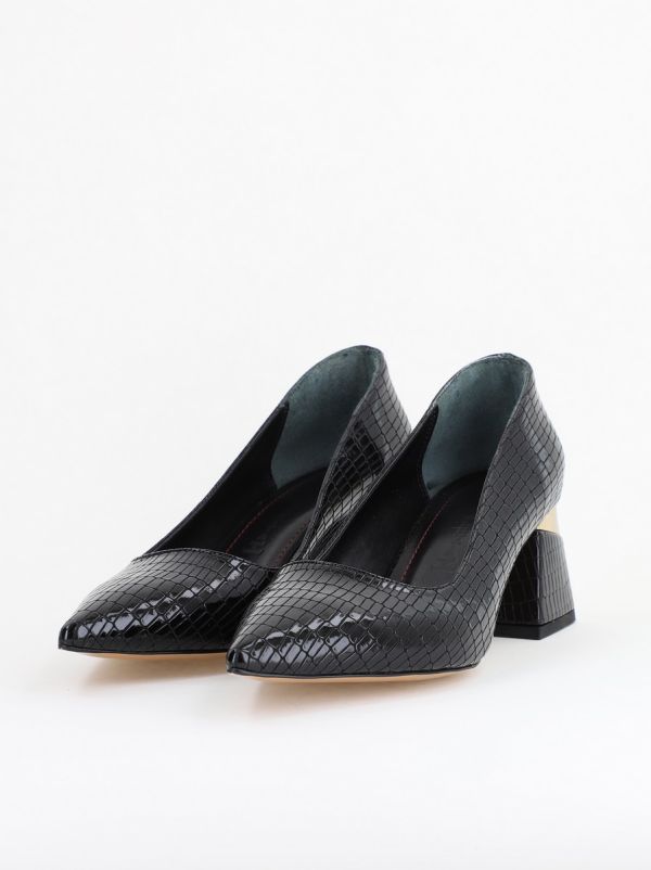 Pantofi Damă cu Toc Gros din Piele Ecologică texturată Negru(BS51AY2402708) 10