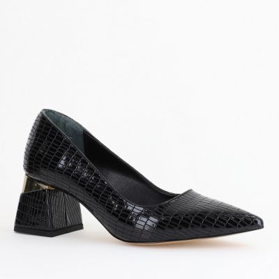 Pantofi Damă cu Toc Gros din Piele Ecologică texturată Negru(BS51AY2402708)