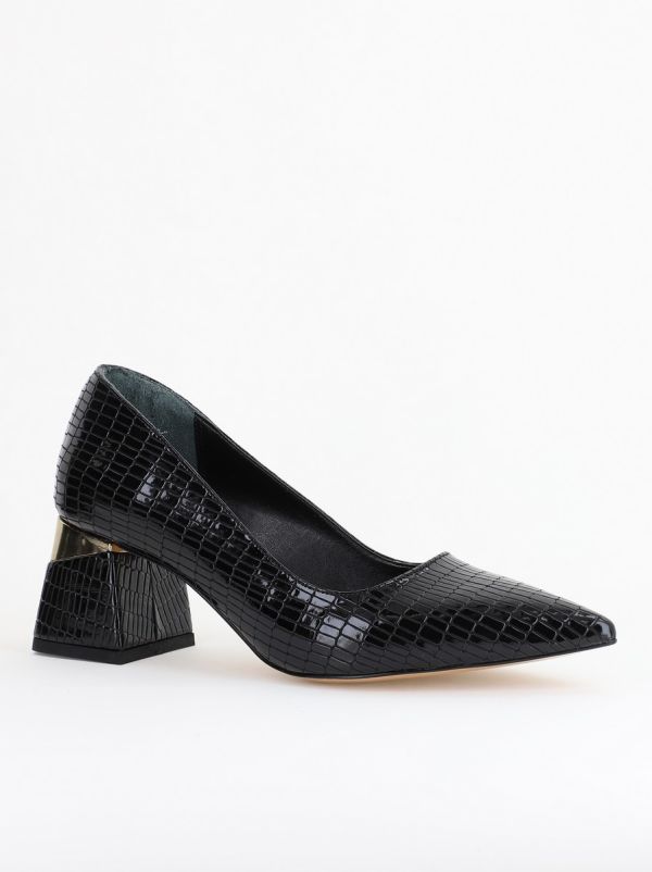 Incaltaminte Dama - Pantofi Damă cu Toc Gros din Piele Ecologică texturată Negru(BS51AY2402708)