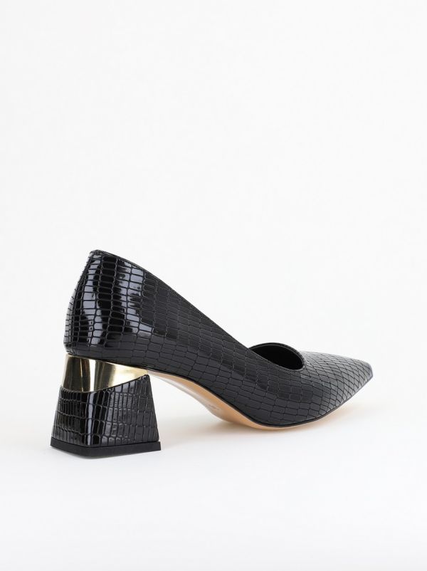 Pantofi Damă cu Toc Gros din Piele Ecologică texturată Negru(BS51AY2402708) 12