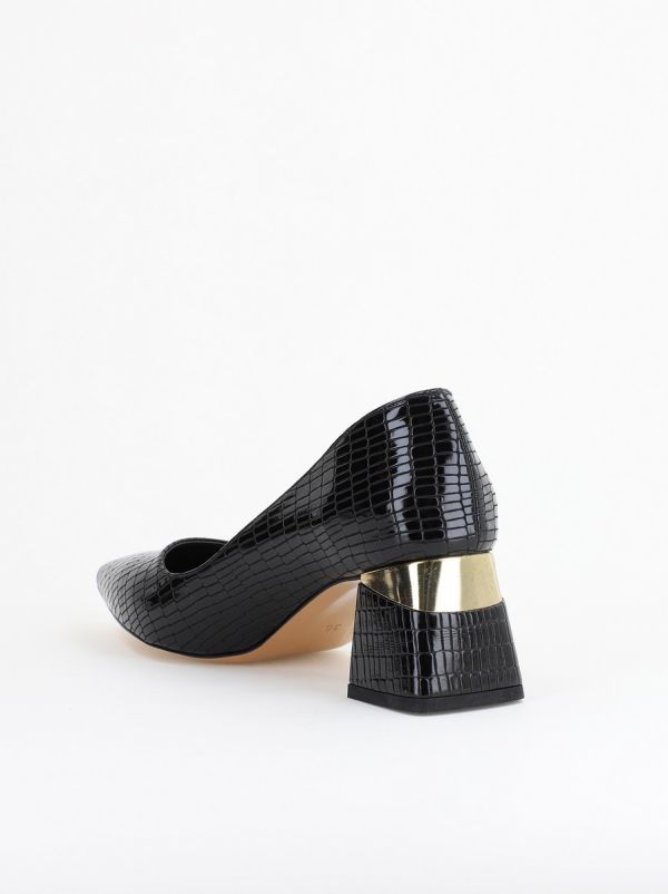 Pantofi Damă cu Toc Gros din Piele Ecologică texturată Negru(BS51AY2402708) 13