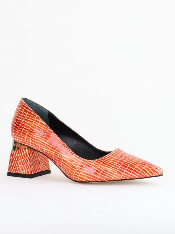 Incaltaminte Dama - Pantofi Damă cu Toc Gros din Piele Ecologică texturată Portocaliu (BS51AY2402706)