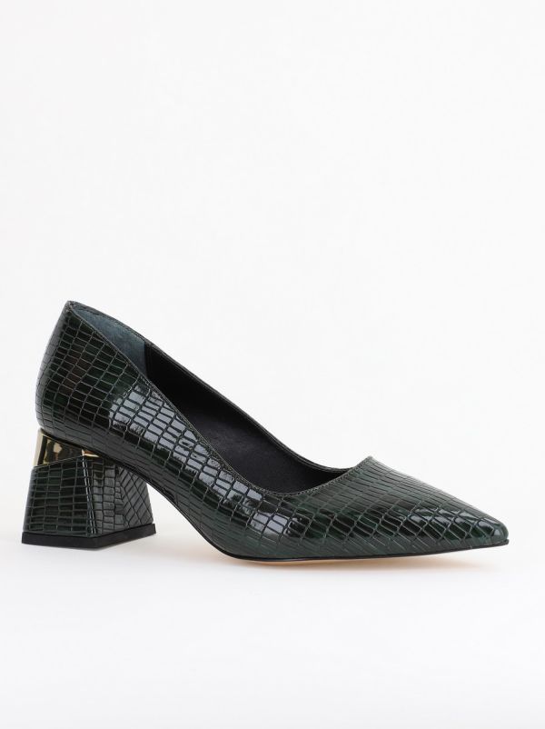 Incaltaminte Dama - Pantofi Damă cu Toc Gros din Piele Ecologică texturată Verde petrol (BS51AY2402710)
