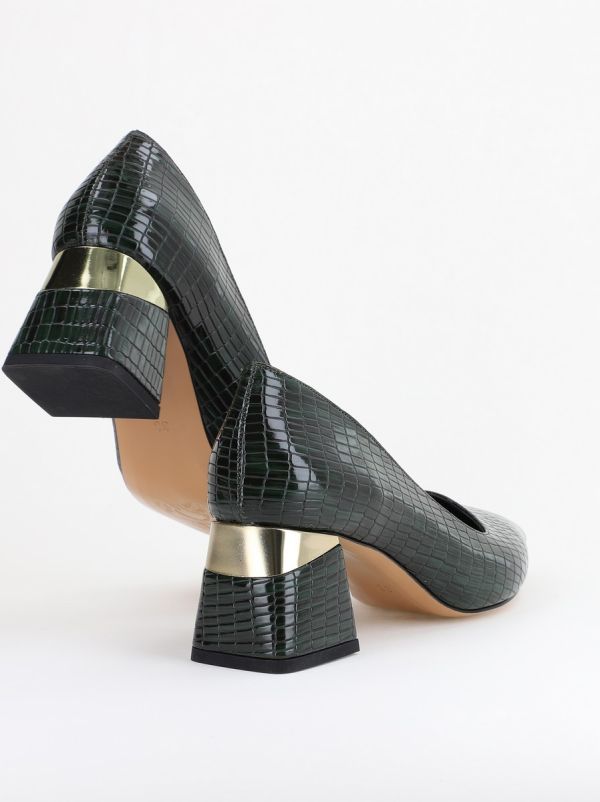 Pantofi Damă cu Toc Gros din Piele Ecologică texturată Verde petrol (BS51AY2402710) 13