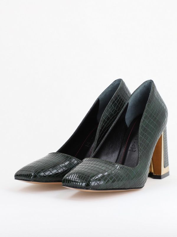 Pantofi Damă cu Toc Gros din Piele Ecologică texturată verde petrol BS20AY2402731 8