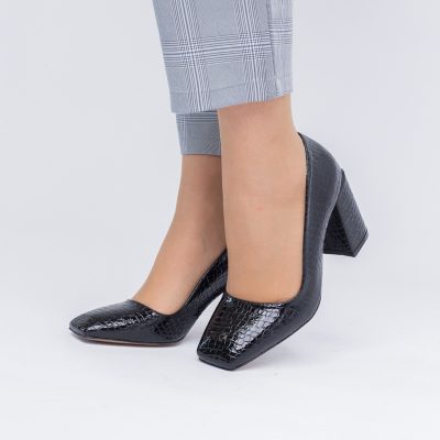 Pantofi Damă cu Toc Gros din Piele Ecologică texturată negru BS01AY2402760