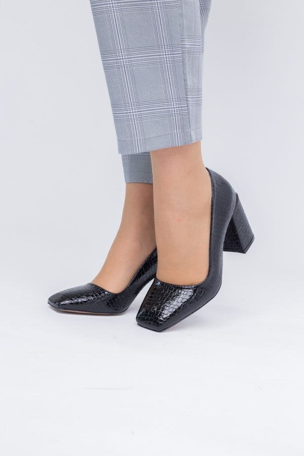 Pantofi Damă cu Toc Gros din Piele Ecologică texturată negru BS01AY2402760 5
