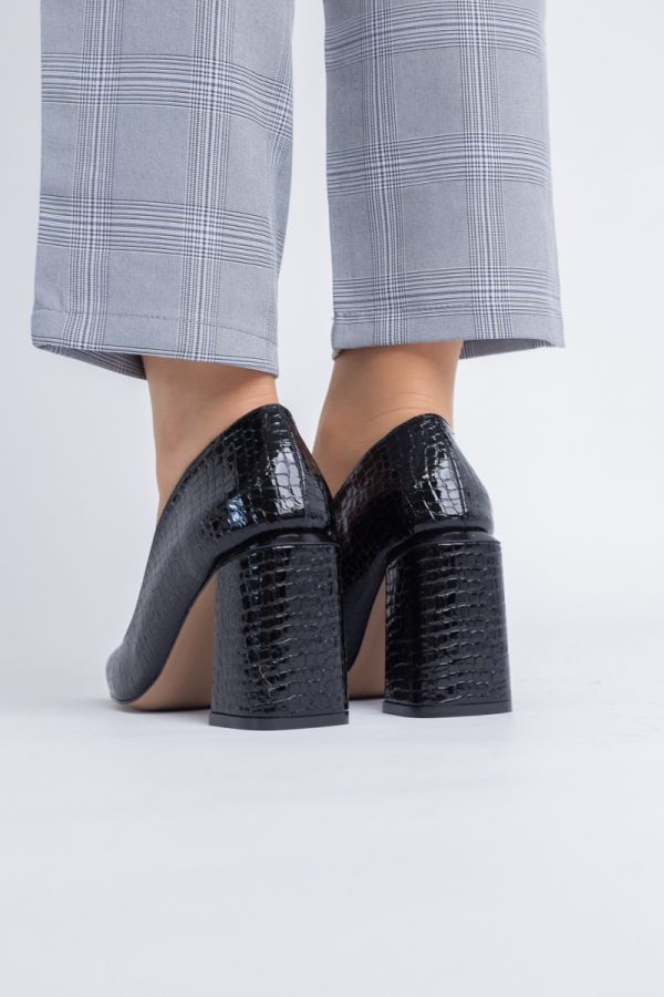 Pantofi Damă cu Toc Gros din Piele Ecologică texturată negru BS01AY2402760 7