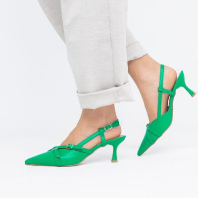 Pantofi Damă cu Toc Subțire din Piele Ecologică cu cataramă verde mat BS100AY2404147