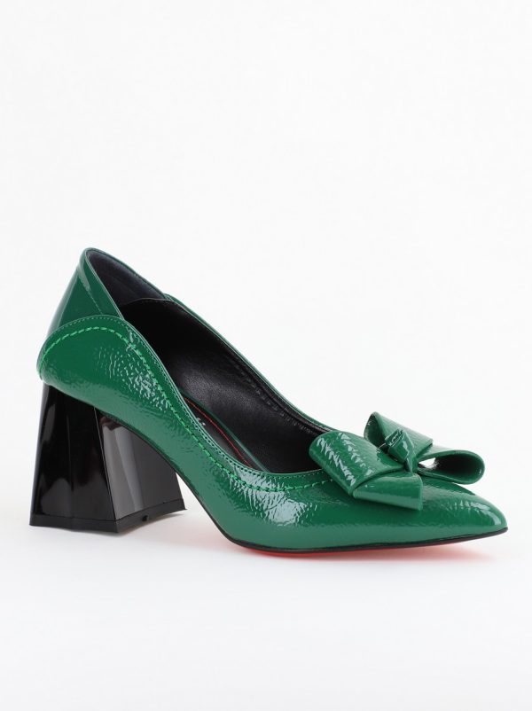 Incaltaminte Dama - Pantofi Damă cu Toc din Piele Ecologică cu fundiță verde lucios (BS2000D2403852)