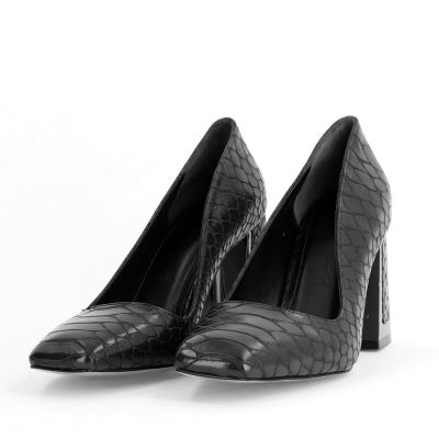 Pantofi Damă cu Toc Gros din Piele Ecologică texturată Negru BS02AY2402771
