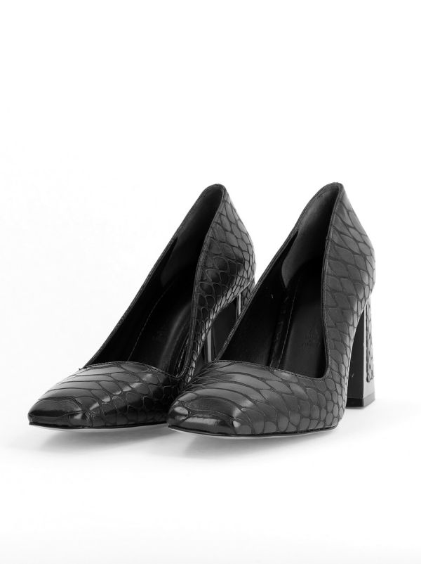 Pantofi Damă cu Toc Gros din Piele Ecologică texturată Negru BS02AY2402771 5