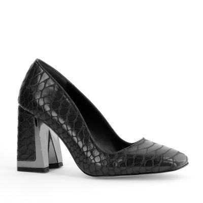 Pantofi Damă cu Toc Gros din Piele Ecologică texturată Negru BS02AY2402771
