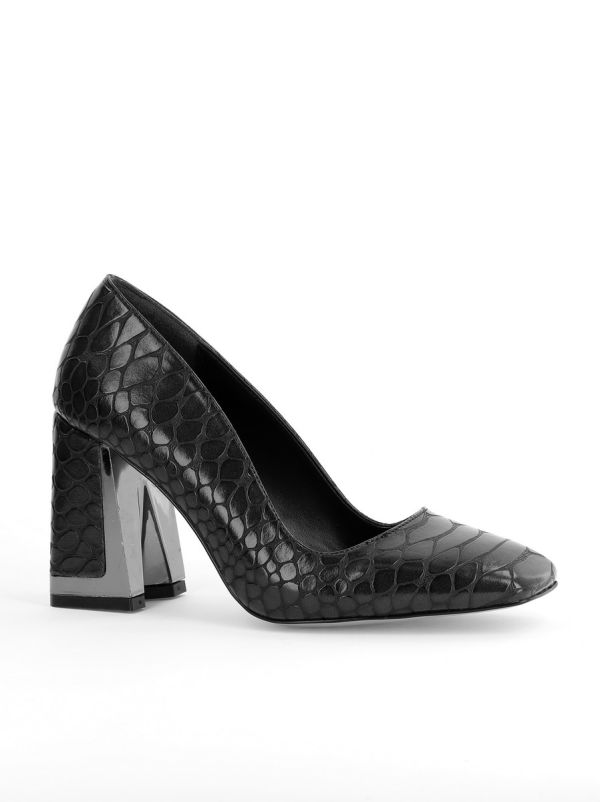 Incaltaminte Dama - Pantofi Damă cu Toc Gros din Piele Ecologică texturată Negru BS02AY2402771