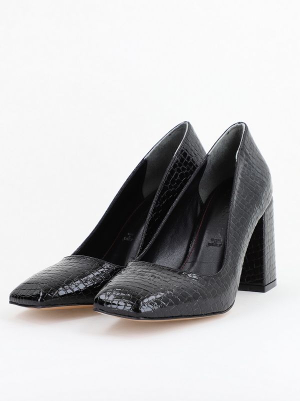 Pantofi Damă cu Toc Gros din Piele Ecologică texturată negru BS01AY2402760 8
