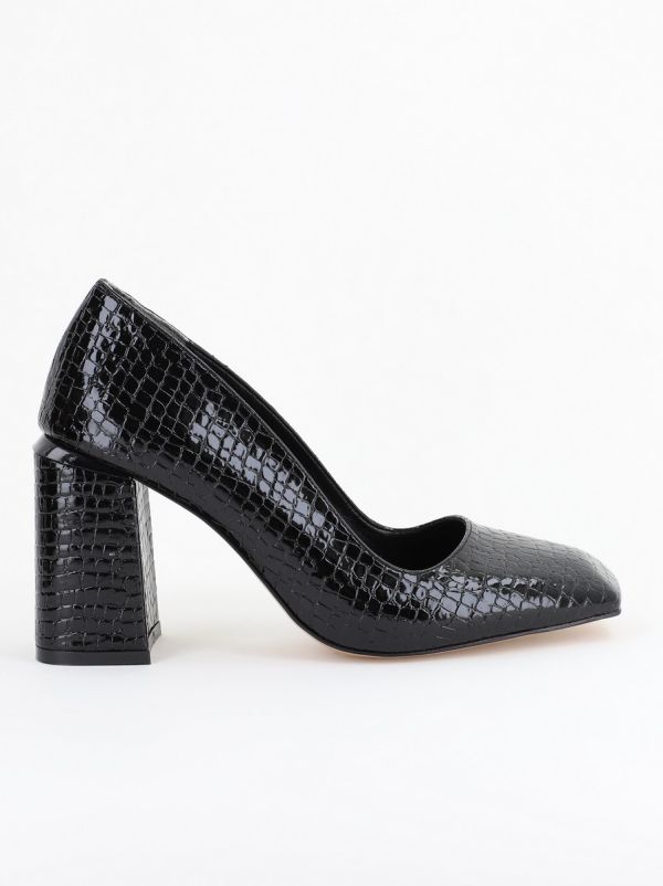 Pantofi Damă cu Toc Gros din Piele Ecologică texturată negru BS01AY2402760 9