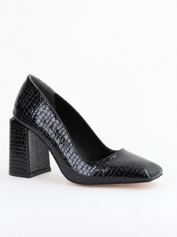Incaltaminte Dama - Pantofi Damă cu Toc Gros din Piele Ecologică texturată negru BS01AY2402760