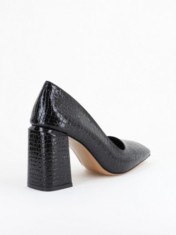 Pantofi Damă cu Toc Gros din Piele Ecologică texturată negru BS01AY2402760 11