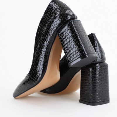 Pantofi Damă cu Toc Gros din Piele Ecologică texturată negru BS01AY2402760