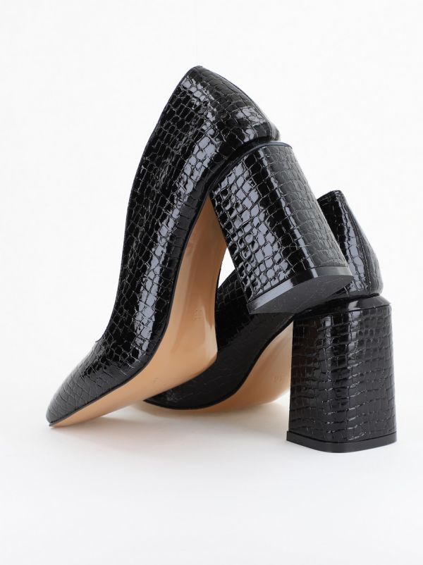 Pantofi Damă cu Toc Gros din Piele Ecologică texturată negru BS01AY2402760 6