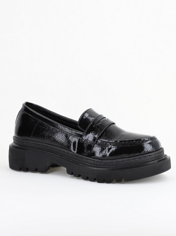 Incaltaminte Dama - Pantofi Loafers Dama Piele Eco Negru lucios Varf Rotund - BS200AY2402768
