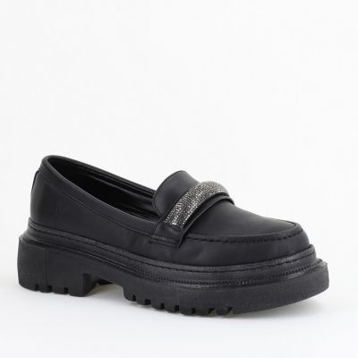 Pantofi Loafers Dama Piele Eco Negru mat Varf Rotund - BS206AY2402770