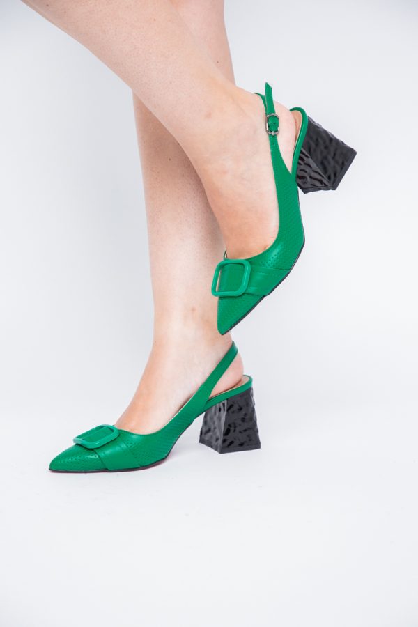 Pantofi Dama decupați cu Toc Piele Ecologica cu perforații Verde (BS767AY2404162) 175