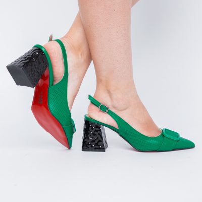 Pantofi Dama decupați cu Toc Piele Ecologica cu perforații Verde (BS767AY2404162)