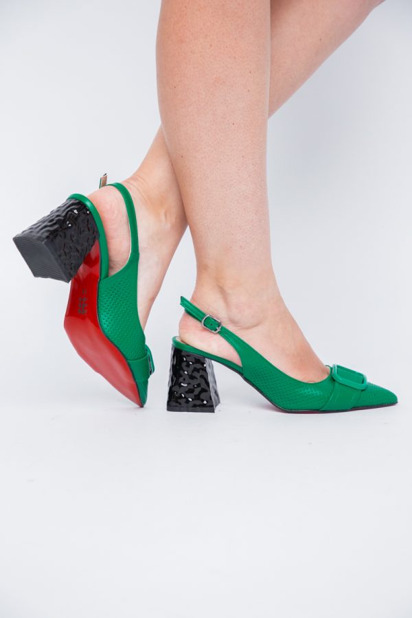 Pantofi Dama decupați cu Toc Piele Ecologica cu perforații Verde (BS767AY2404162) 173