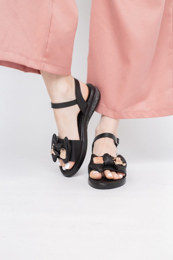 Sandale pentru femei cu fundiță din piele ecologică, culoarea negru (BS410SN2404188) 9
