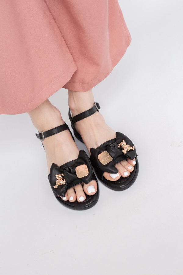 Sandale pentru femei cu fundiță din piele ecologică, culoarea negru (BS410SN2404188) 5