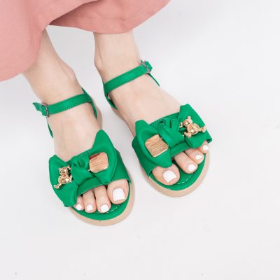 Sandale pentru femei cu fundiță din piele ecologică, culoarea verde (BS410SN2404189)