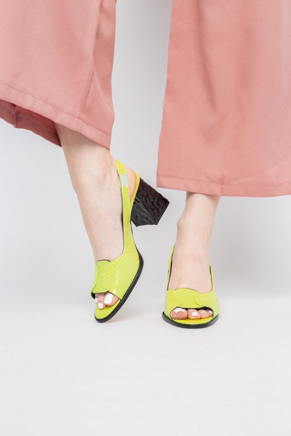 Sandale cu Toc gros Varf Rotund piele ecologică txturată culoare Verde lemon (BS671SN2404158) 175