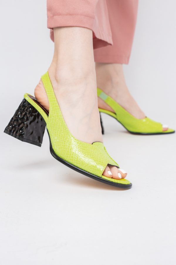 Sandale cu Toc gros Varf Rotund piele ecologică txturată culoare Verde lemon (BS671SN2404158) 173