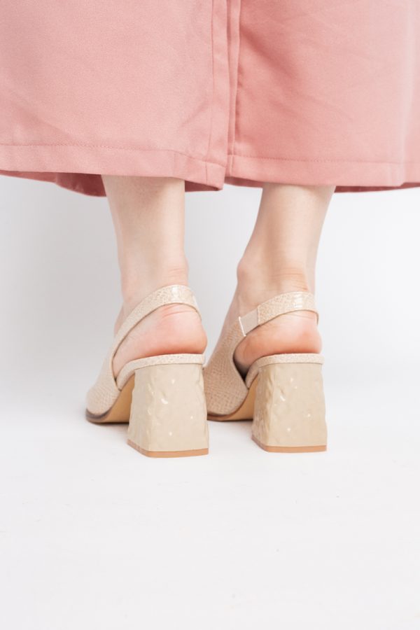 Sandale cu Toc gros Varf Rotund piele ecologică txturată culoare Bej lucios (BS671SN2404157) 9