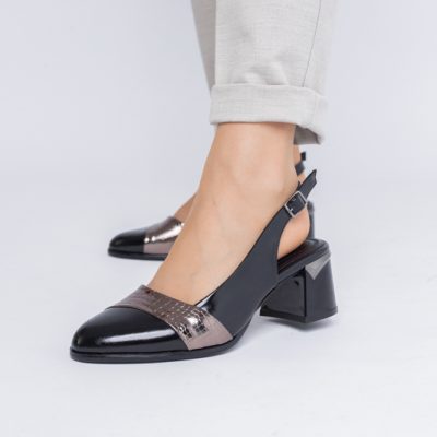 Pantofi Damă cu Toc Gros din Piele Ecologică culoare negru platina(BS201AY2403871)