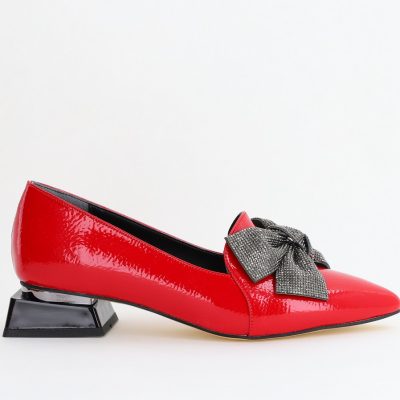 Pantofi cu Toc Jos Eleganti cu Fundita din Piele Ecologica culoare roșu lac (BS162BA2404069)