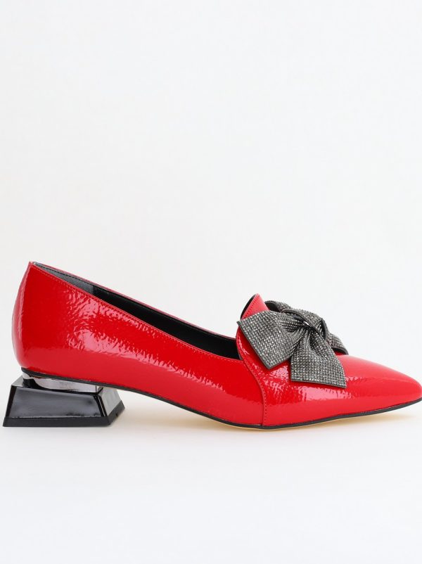 Pantofi cu Toc Jos Eleganti cu Fundita din Piele Ecologica culoare roșu lac (BS162BA2404069) 6